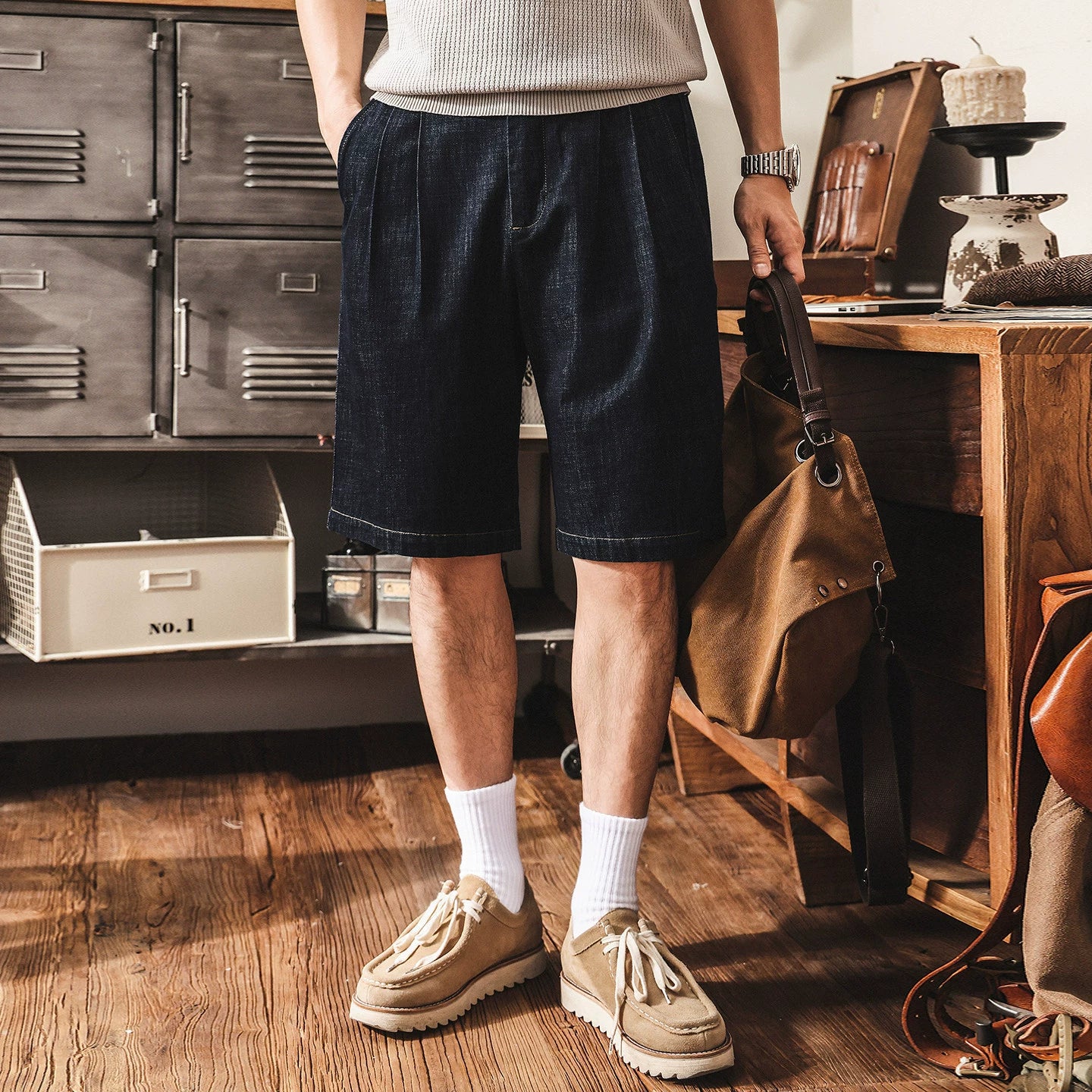 Tencel Denim Linen Pleated Shorts - BLUEBLACK