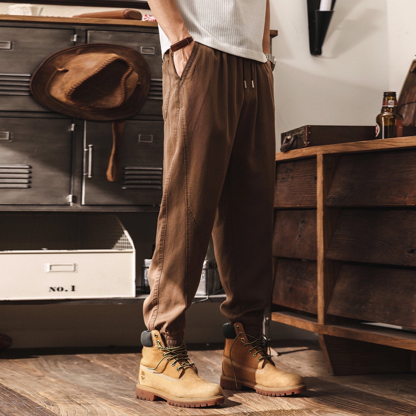 Lyocell Tencel Light Weight Washed Joggers in Camel