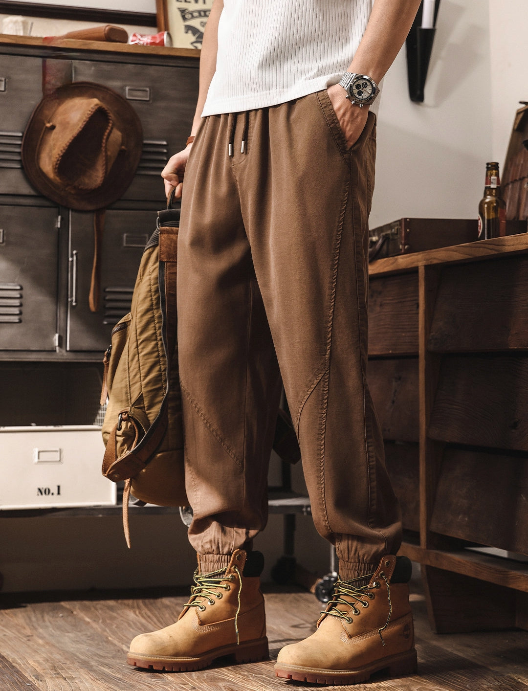 Lyocell Tencel Light Weight Washed Joggers in Camel