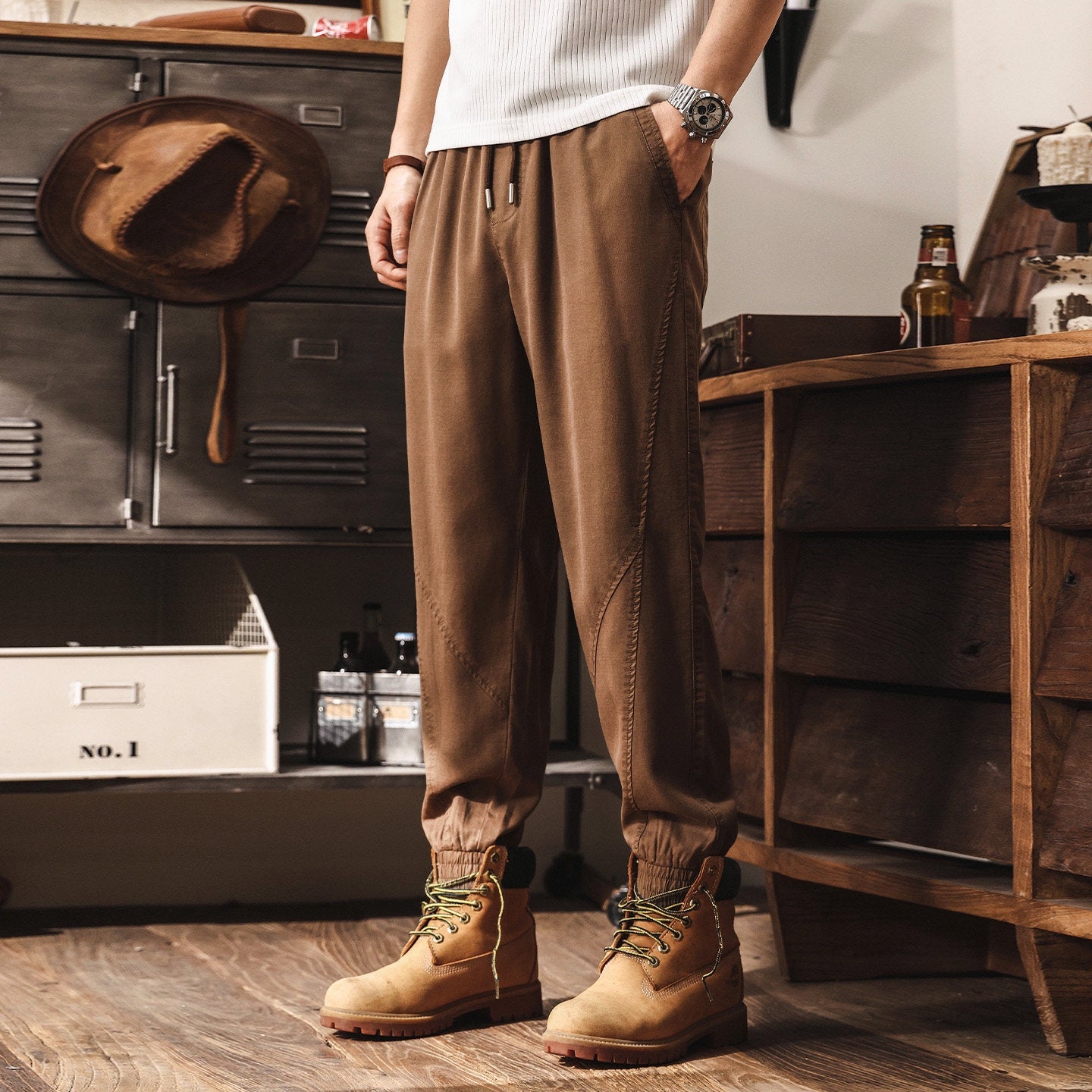 Lyocell Tencel Light Weight Washed Joggers in Camel