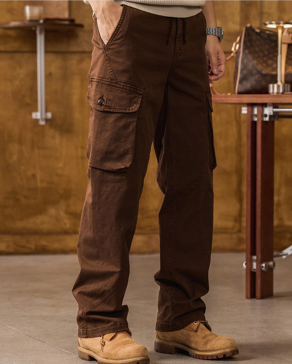 Straight Leg Cotton Wear Resistance Cargo Pants  - COFFEE