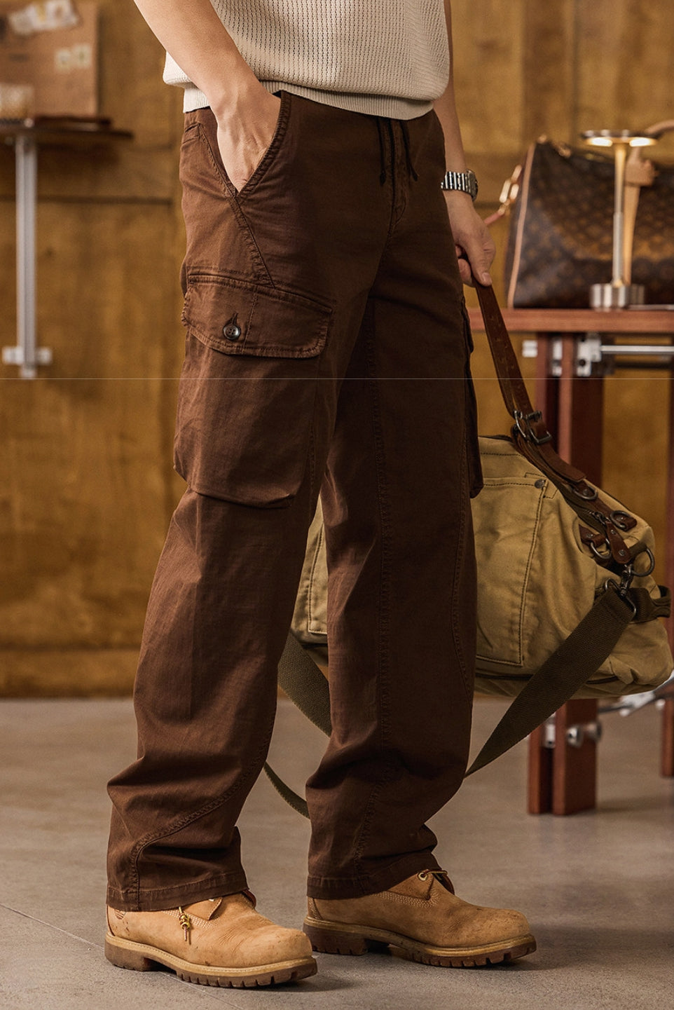 Straight Leg Cotton Wear Resistance Cargo Pants  - COFFEE