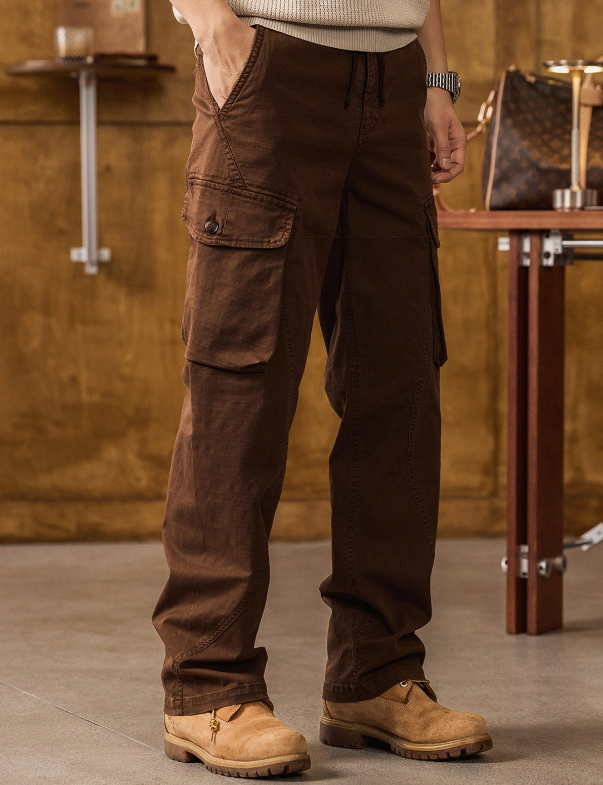 Straight Leg Cotton Wear Resistance Cargo Pants  - COFFEE