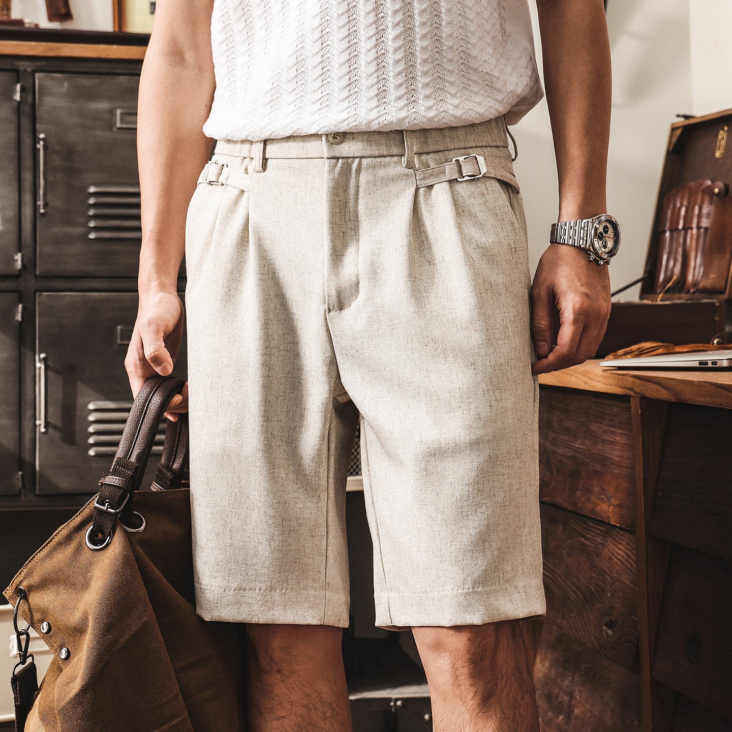 Classic Linen Straight-Leg Suit Shorts with Elasticated Waist - BEIGE