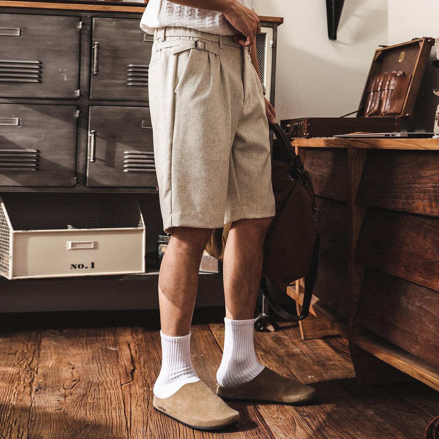 Classic Linen Straight-Leg Suit Shorts with Elasticated Waist - BEIGE
