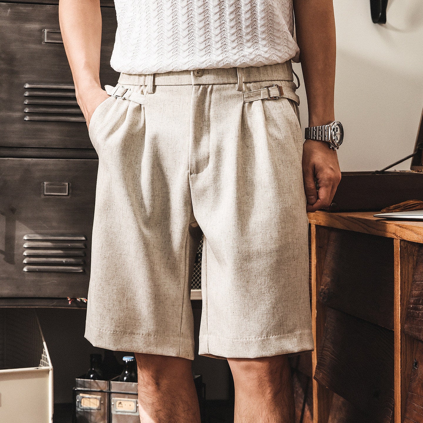 Classic Linen Straight-Leg Suit Shorts with Elasticated Waist - BEIGE
