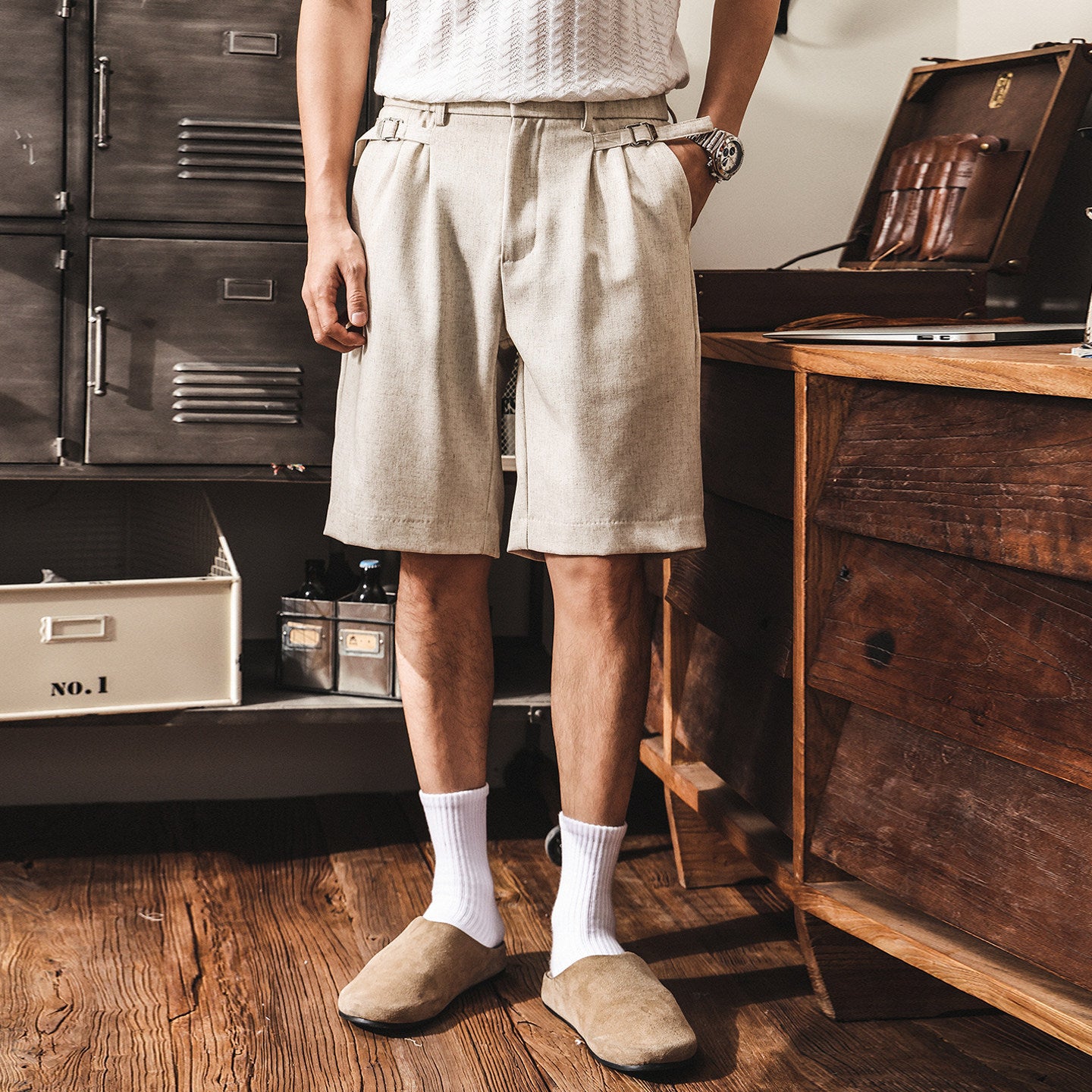 Classic Linen Straight-Leg Suit Shorts with Elasticated Waist - BEIGE