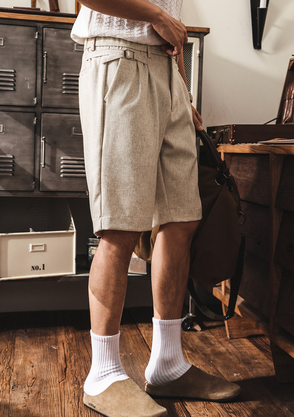 Classic Linen Straight-Leg Suit Shorts with Elasticated Waist - BEIGE
