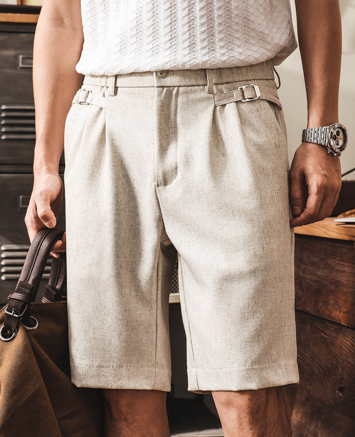 Classic Linen Straight-Leg Suit Shorts with Elasticated Waist - BEIGE
