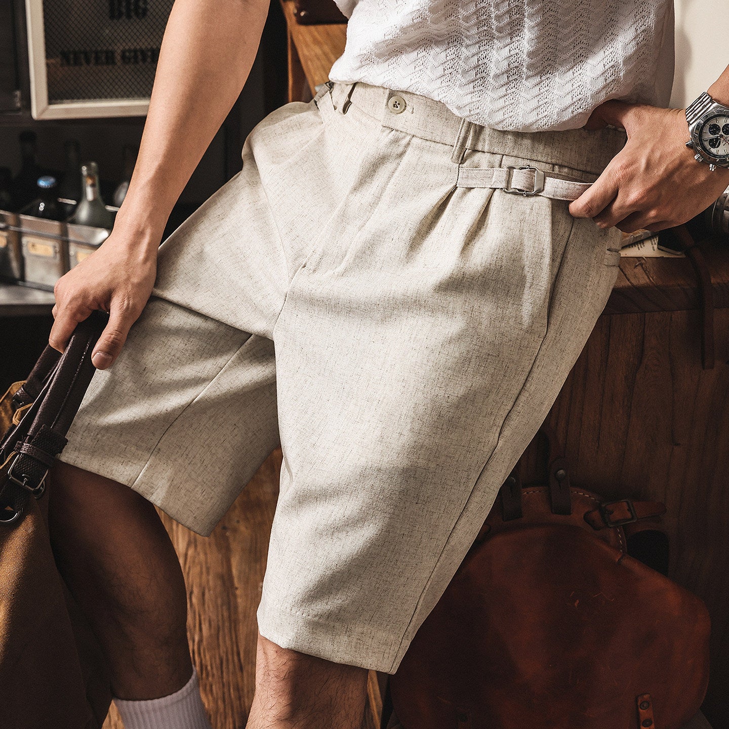 Classic Linen Straight-Leg Suit Shorts with Elasticated Waist - BEIGE