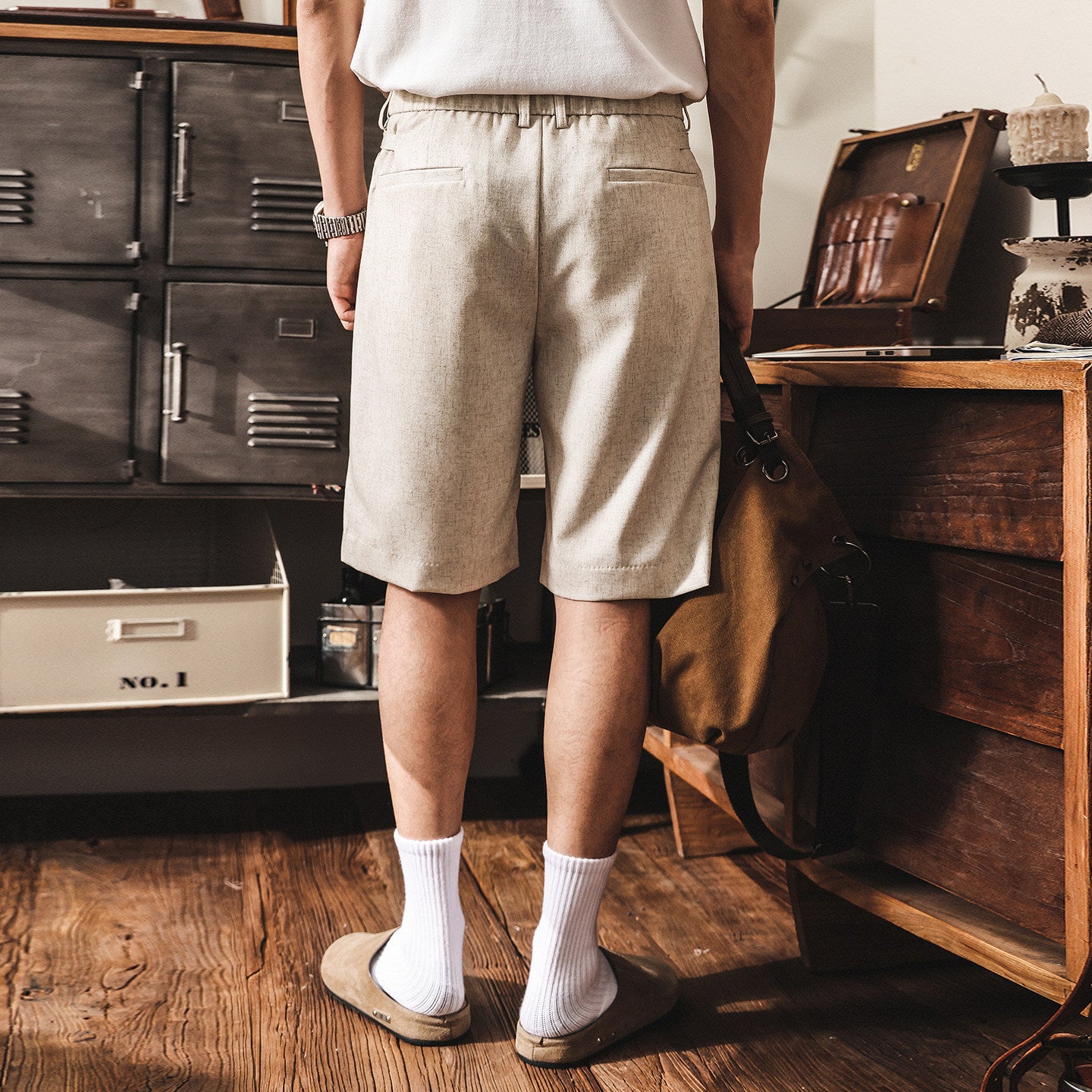 Classic Linen Straight-Leg Suit Shorts with Elasticated Waist - BEIGE