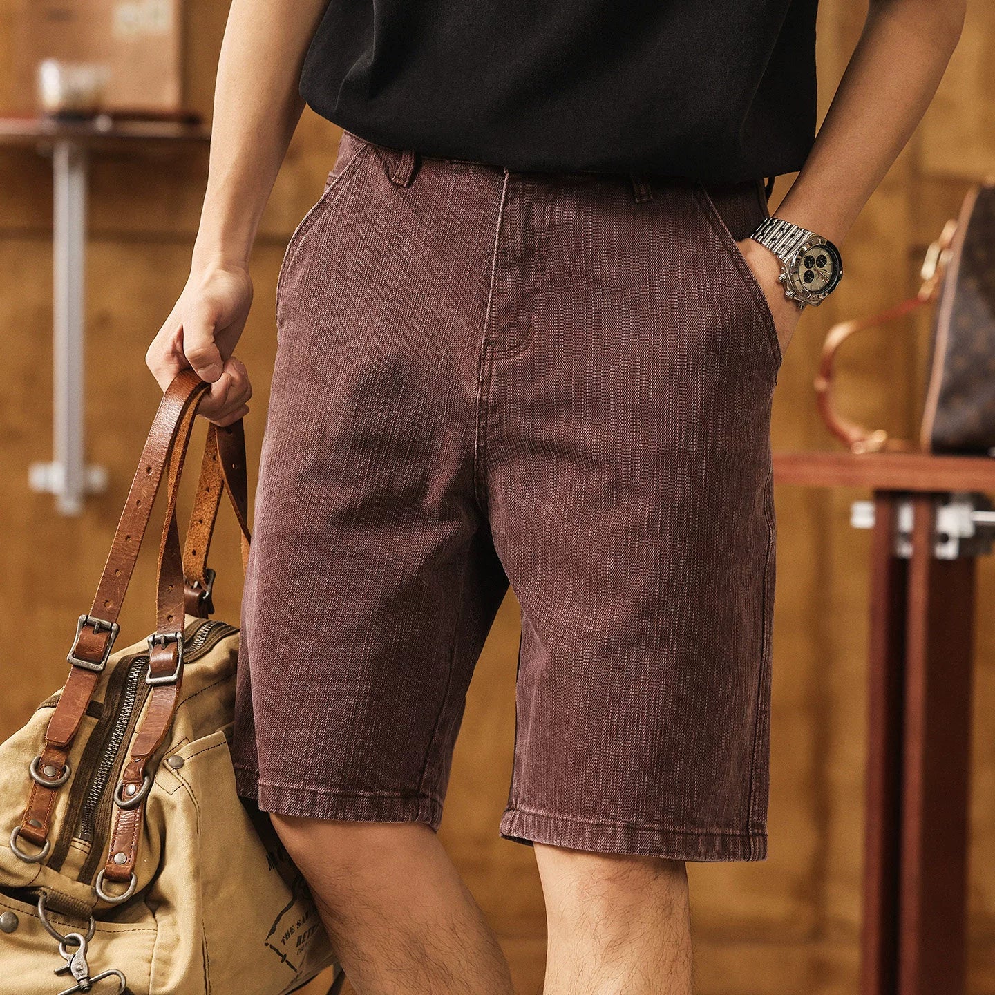 Vintage Bamboo-Texture Denim Shorts - WASHEDCHESTNUT