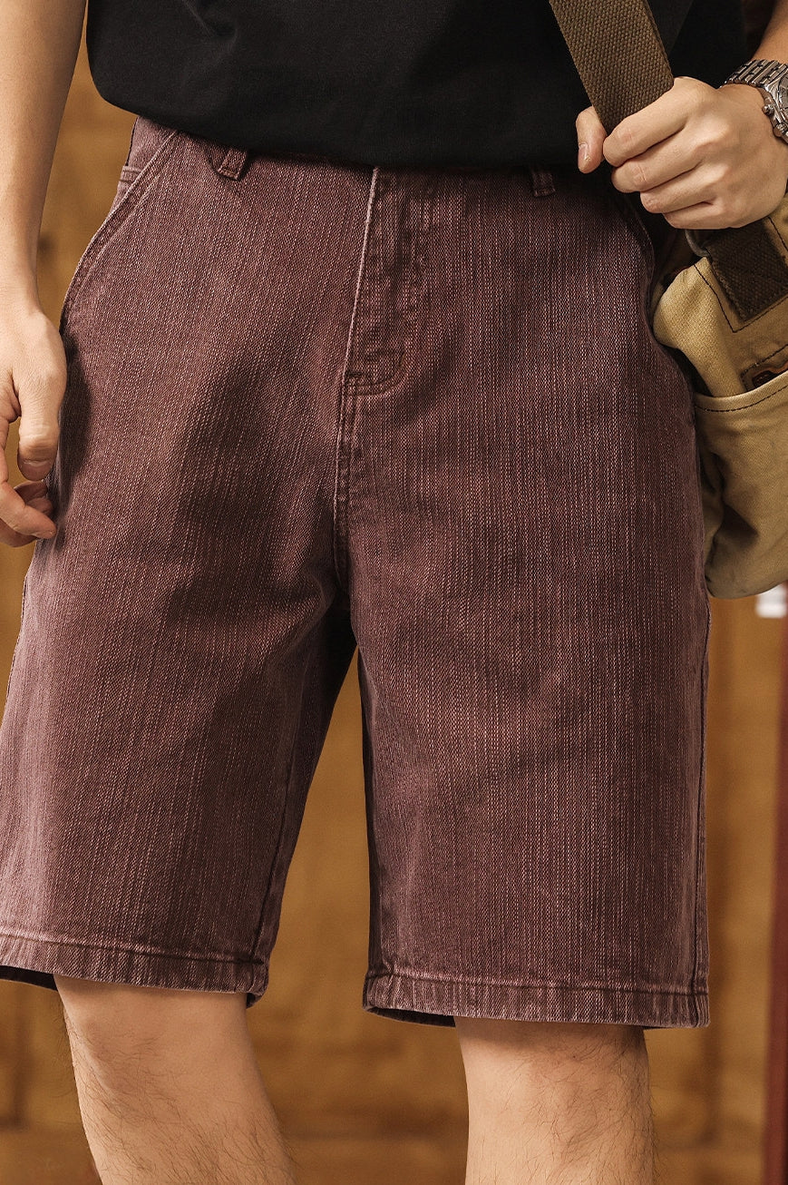 Vintage Bamboo-Texture Denim Shorts - WASHEDCHESTNUT