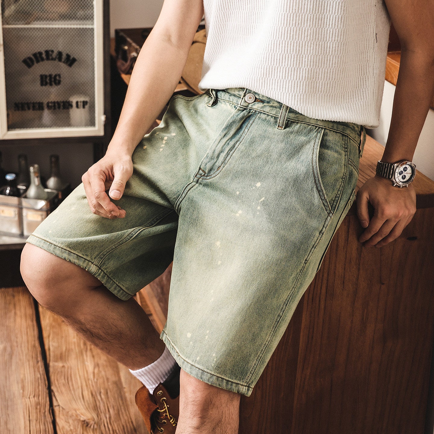 American Retro Paint-Splatter Denim Shorts - NANOBLUE