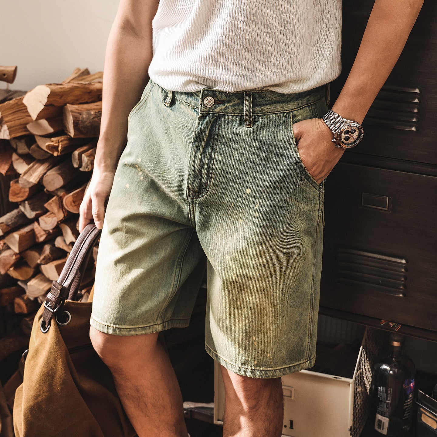 American Retro Paint-Splatter Denim Shorts - NANOBLUE