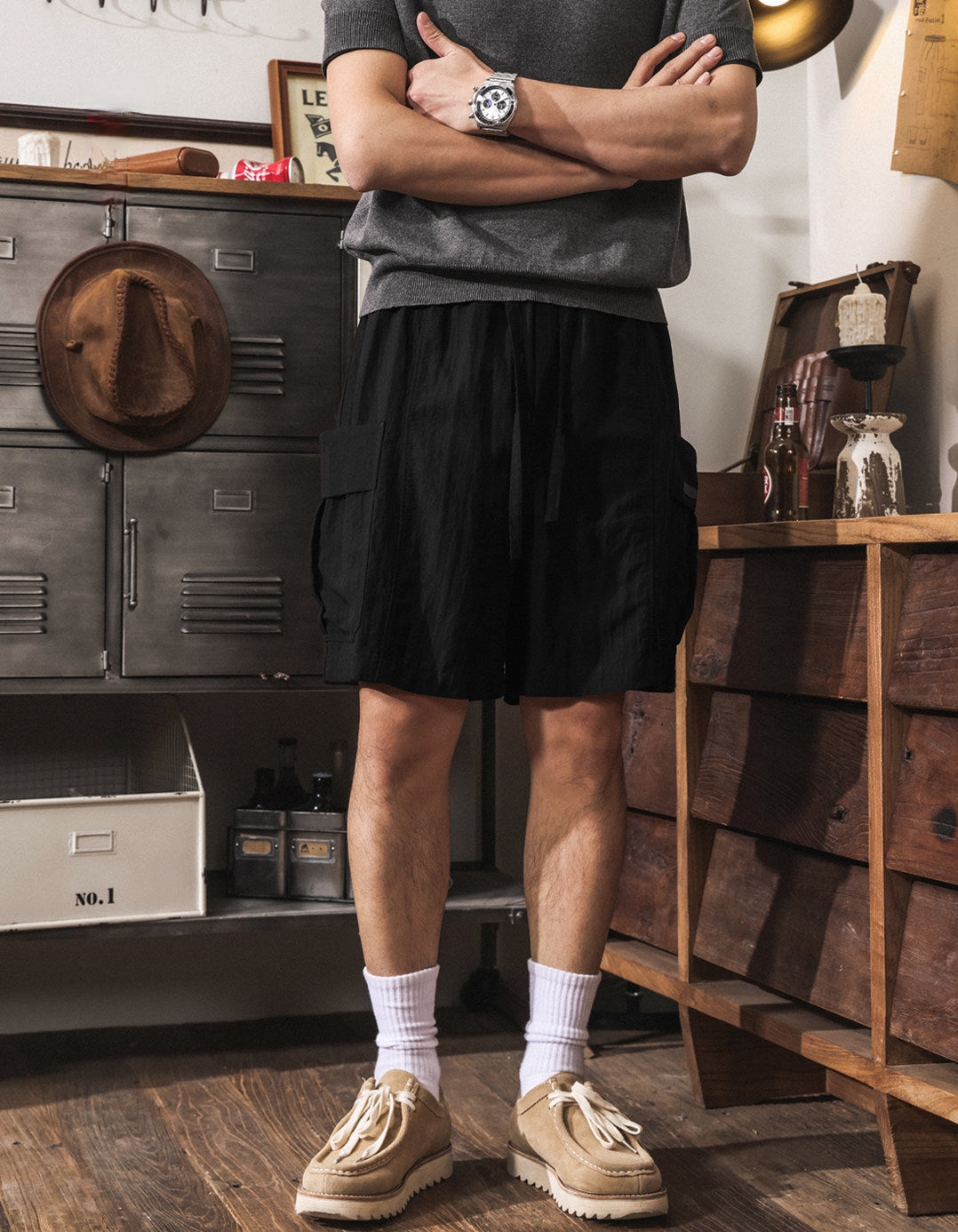 Harajuku-Style Cargo Lyocell Linen Shorts - BLACK