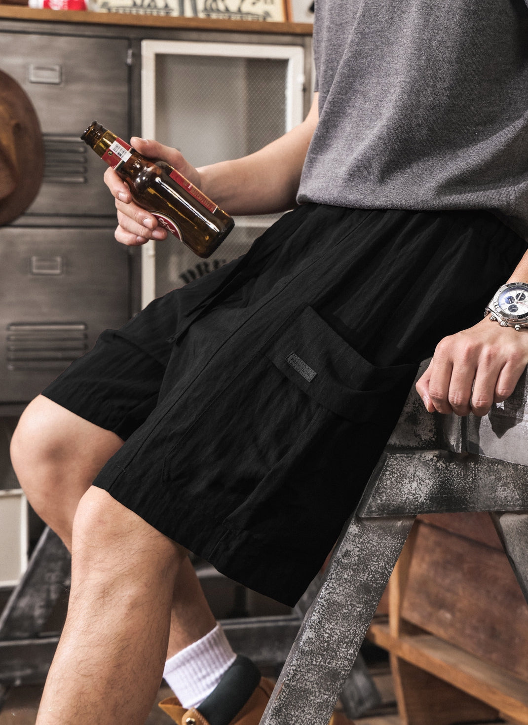 Harajuku-Style Cargo Lyocell Linen Shorts - BLACK
