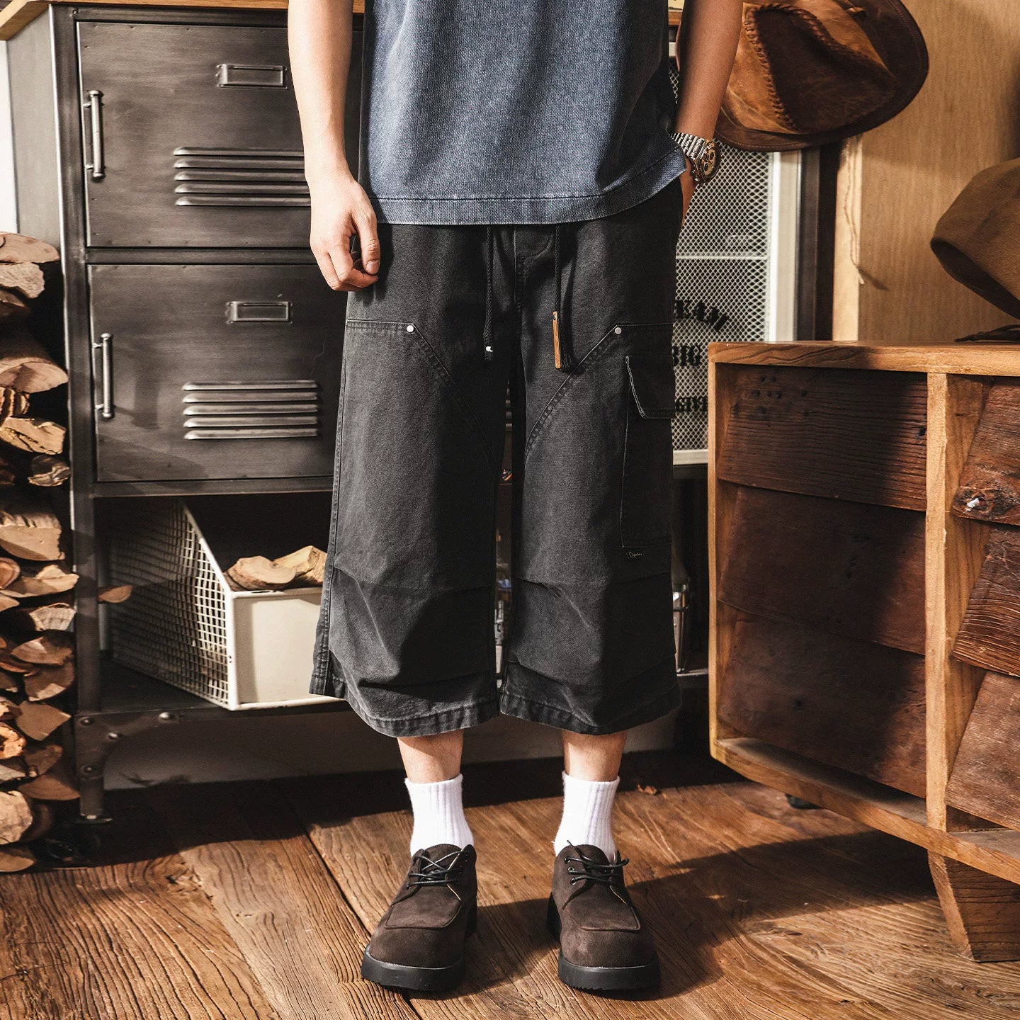 Men’s Baggy Below Knee Jorts – Oversized Cargo Streetwear Denim Culotte
