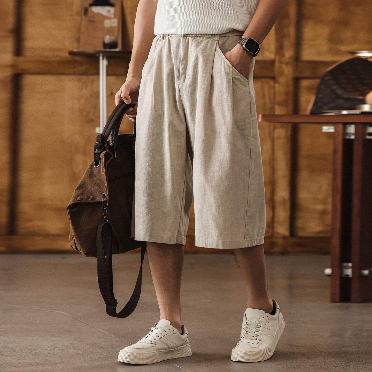 Quiet Luxury Ramie Linen-Blend Culotte– Pleated Baggy Below Knee Retro Shorts