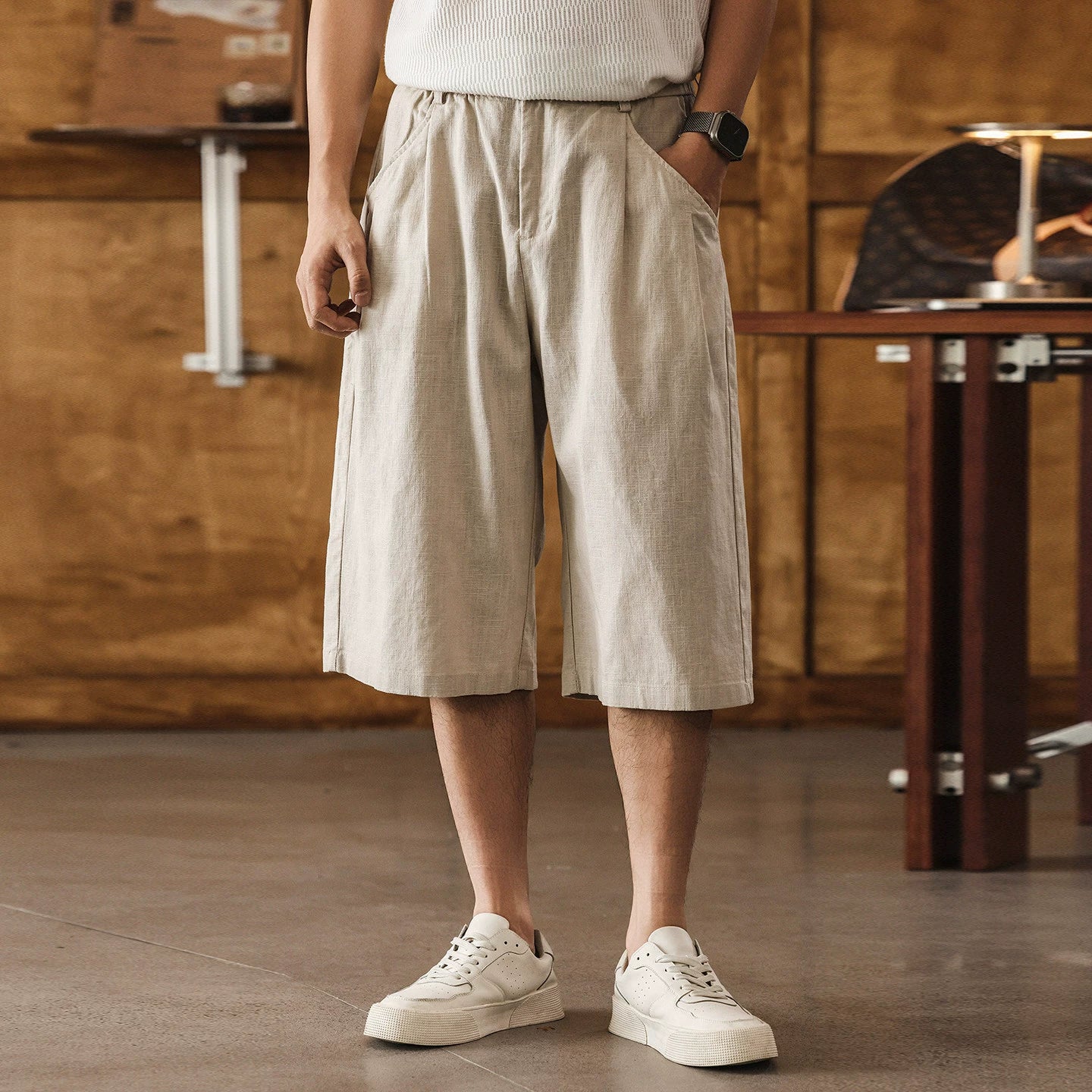 Quiet Luxury Ramie Linen-Blend Culotte– Pleated Baggy Below Knee Retro Shorts