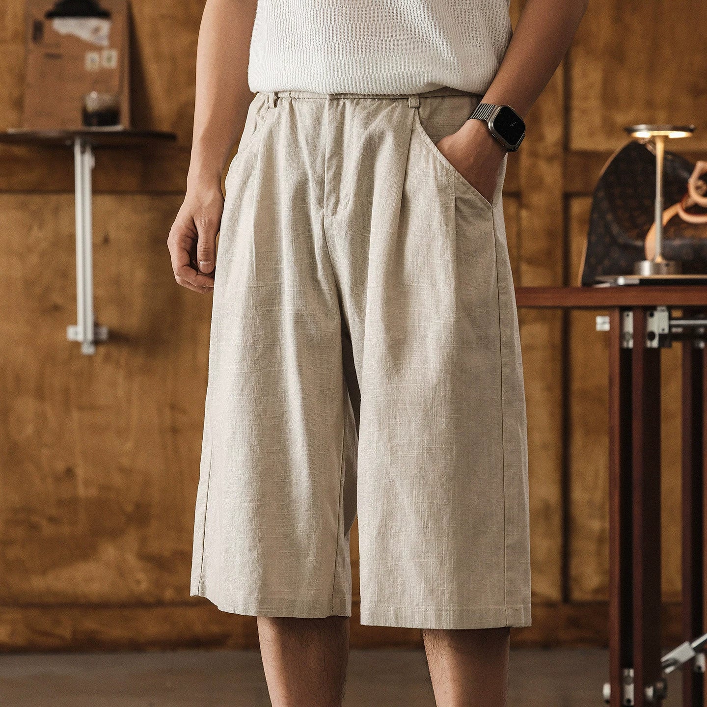 Quiet Luxury Ramie Linen-Blend Culotte– Pleated Baggy Below Knee Retro Shorts