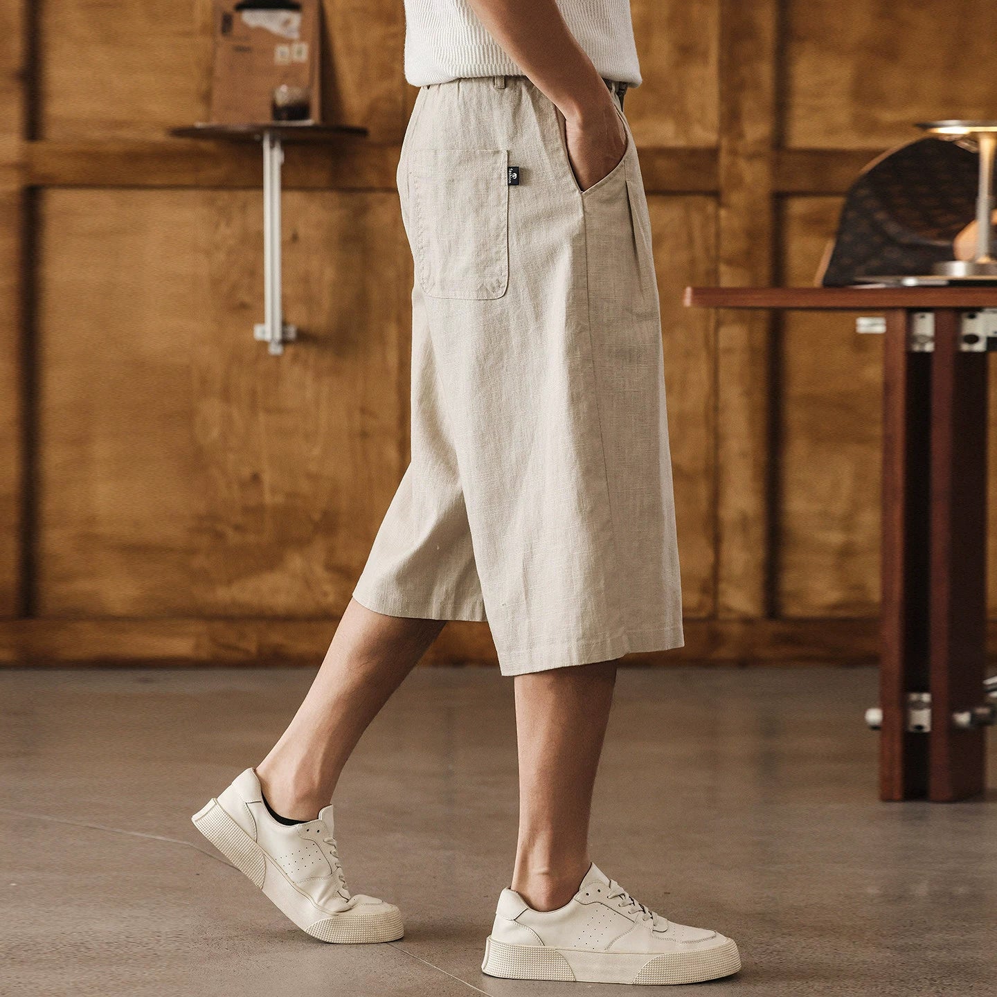 Quiet Luxury Ramie Linen-Blend Culotte– Pleated Baggy Below Knee Retro Shorts