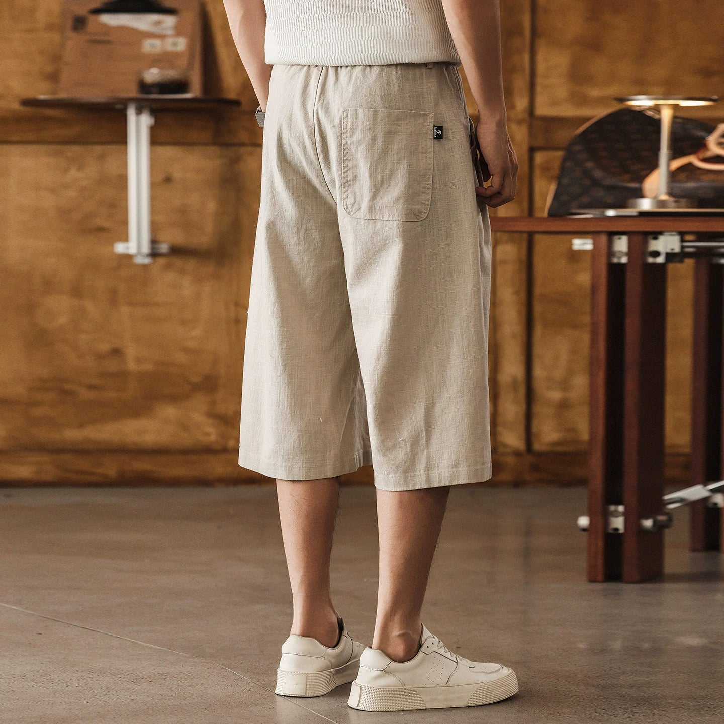 Quiet Luxury Ramie Linen-Blend Culotte– Pleated Baggy Below Knee Retro Shorts