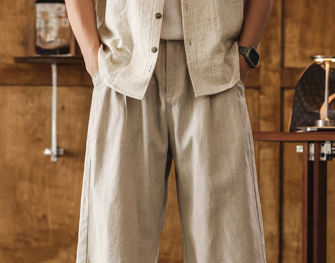 Quiet Luxury Ramie Linen-Blend Culotte– Pleated Baggy Below Knee Retro Shorts