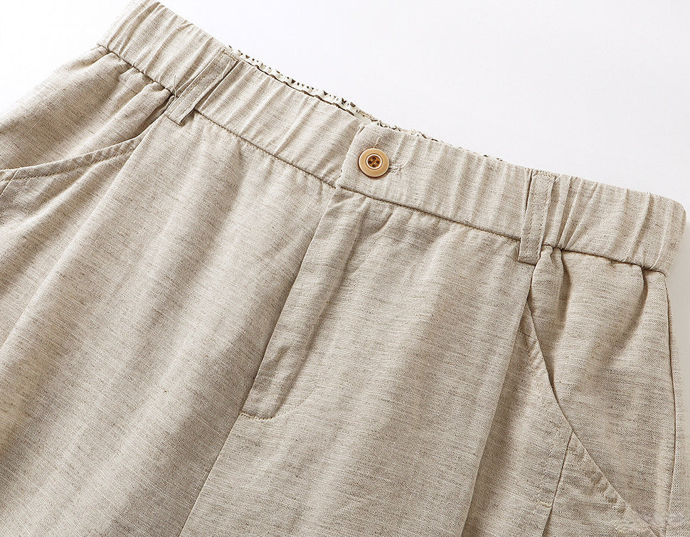 Quiet Luxury Ramie Linen-Blend Culotte– Pleated Baggy Below Knee Retro Shorts