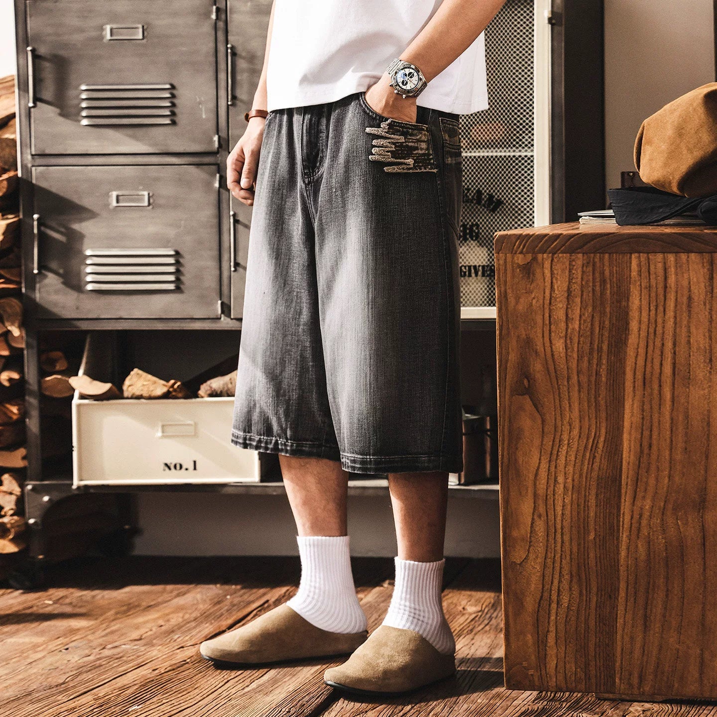 Distressed Black Wash Denim Culotte - Below Knee Baggy Jorts