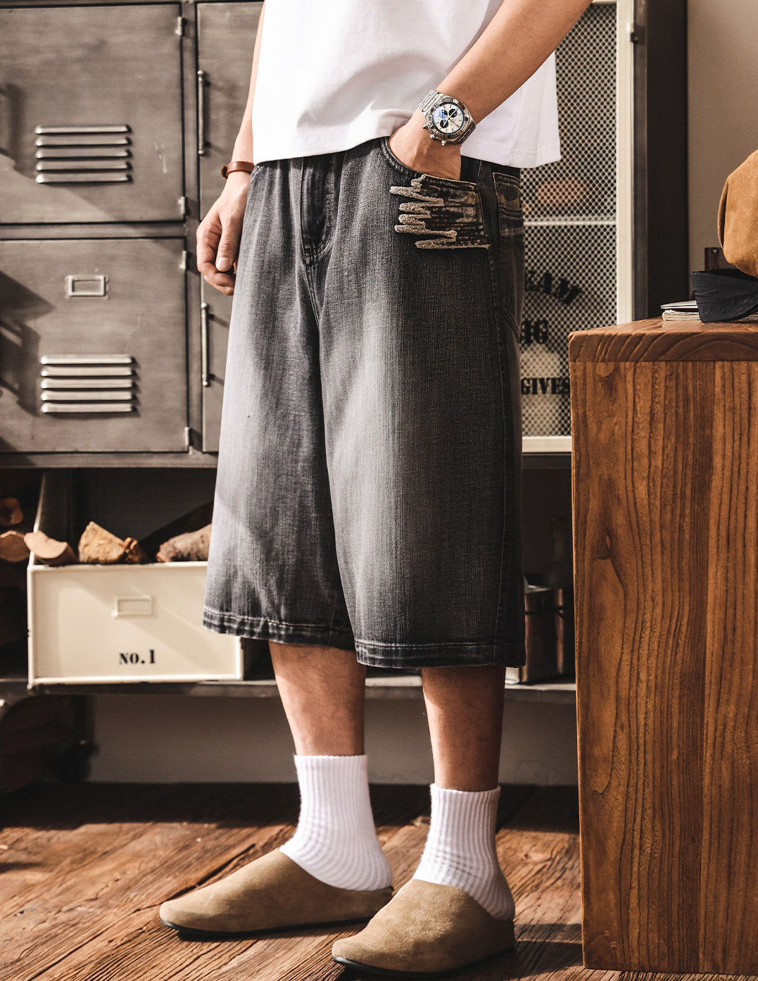 Distressed Black Wash Denim Culotte - Below Knee Baggy Jorts
