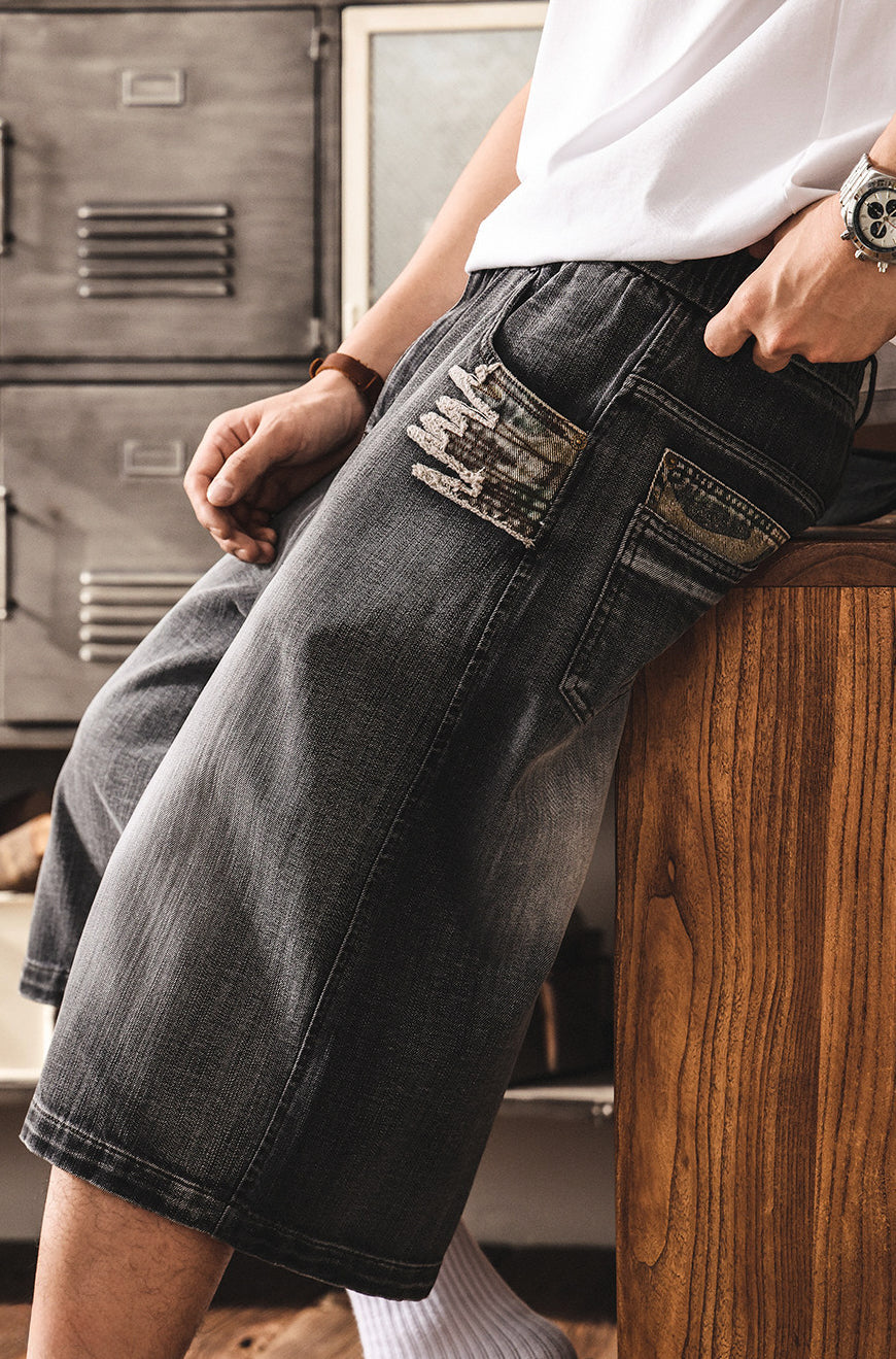 Distressed Black Wash Denim Culotte - Below Knee Baggy Jorts