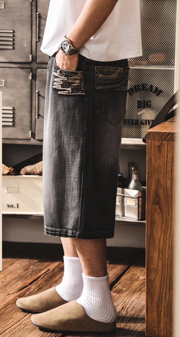 Distressed Black Wash Denim Culotte - Below Knee Baggy Jorts