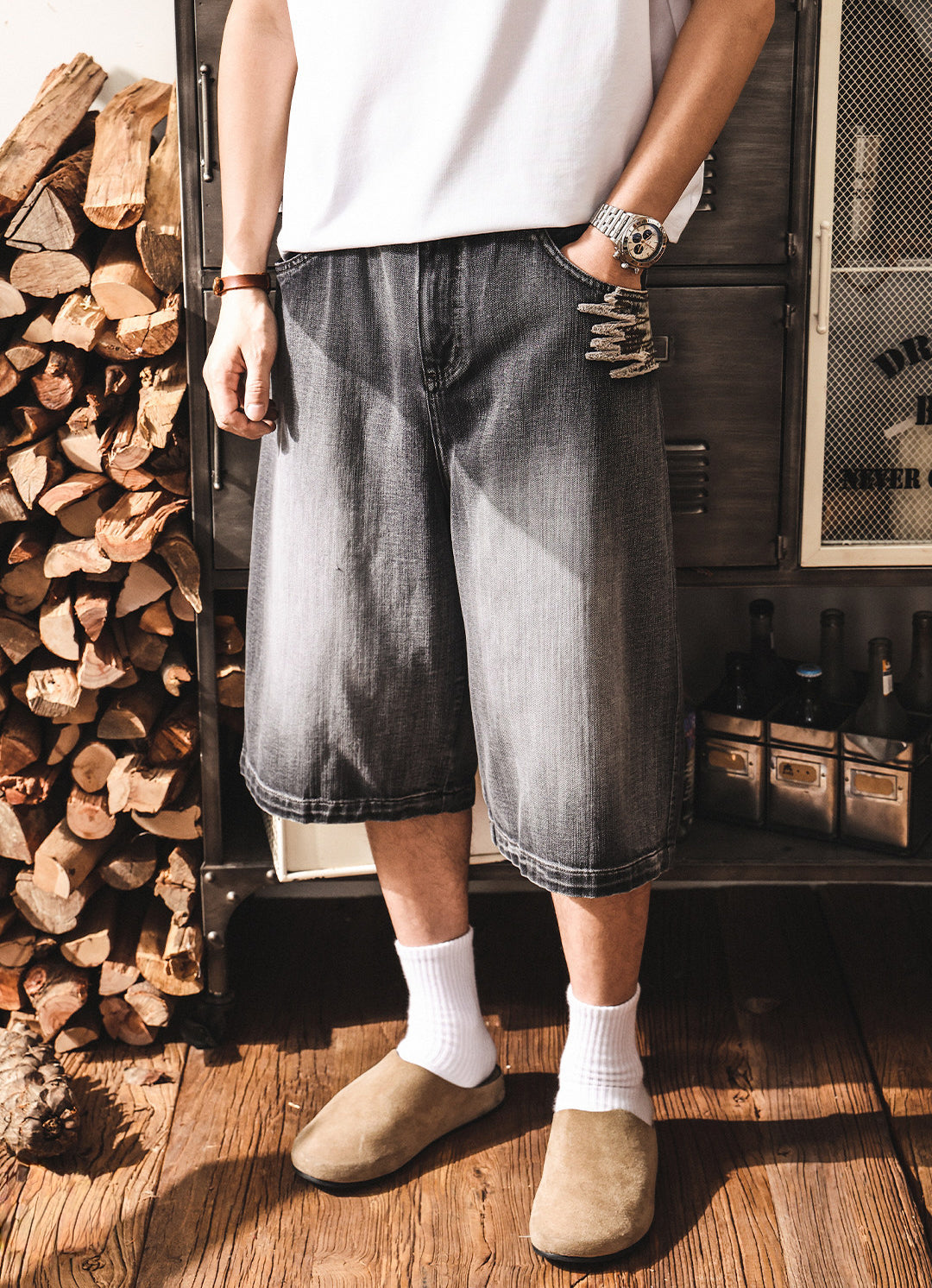 Distressed Black Wash Denim Culotte - Below Knee Baggy Jorts