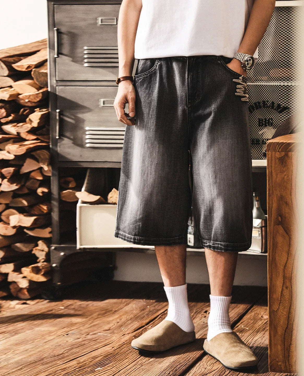 Distressed Black Wash Denim Culotte - Below Knee Baggy Jorts