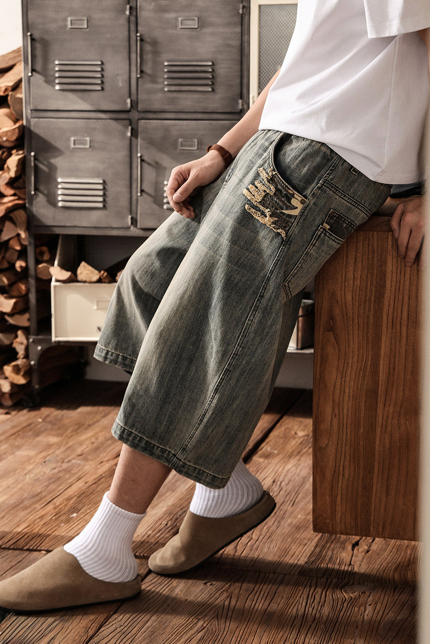 Distressed Black Wash Denim Culotte - Below Knee Baggy Jorts