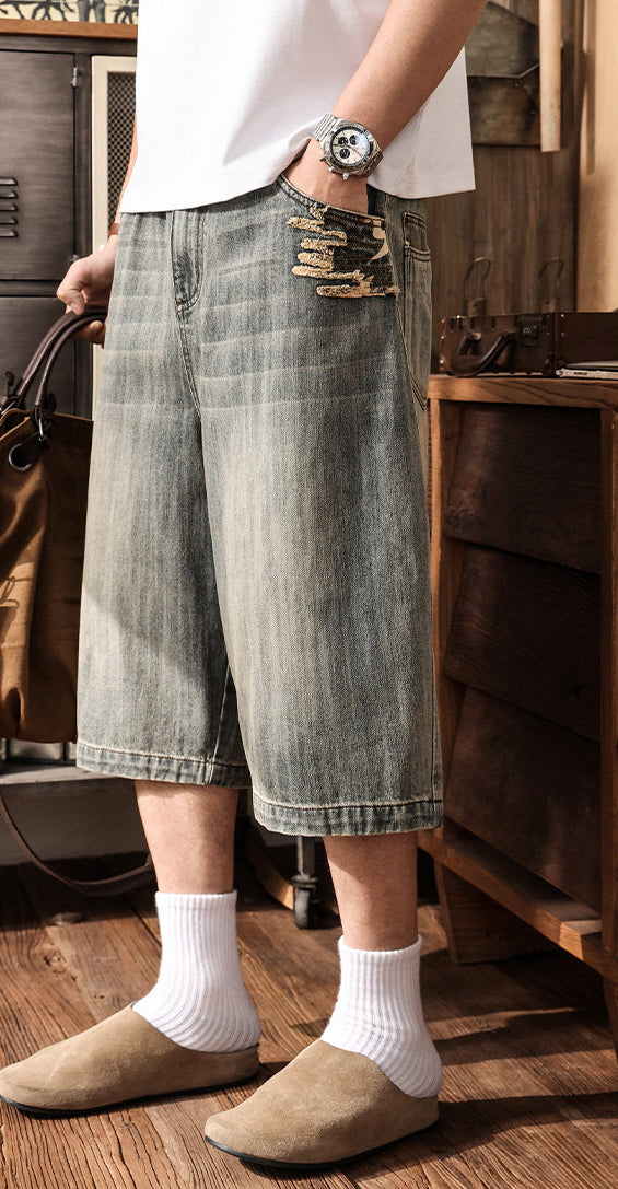 Distressed Black Wash Denim Culotte - Below Knee Baggy Jorts