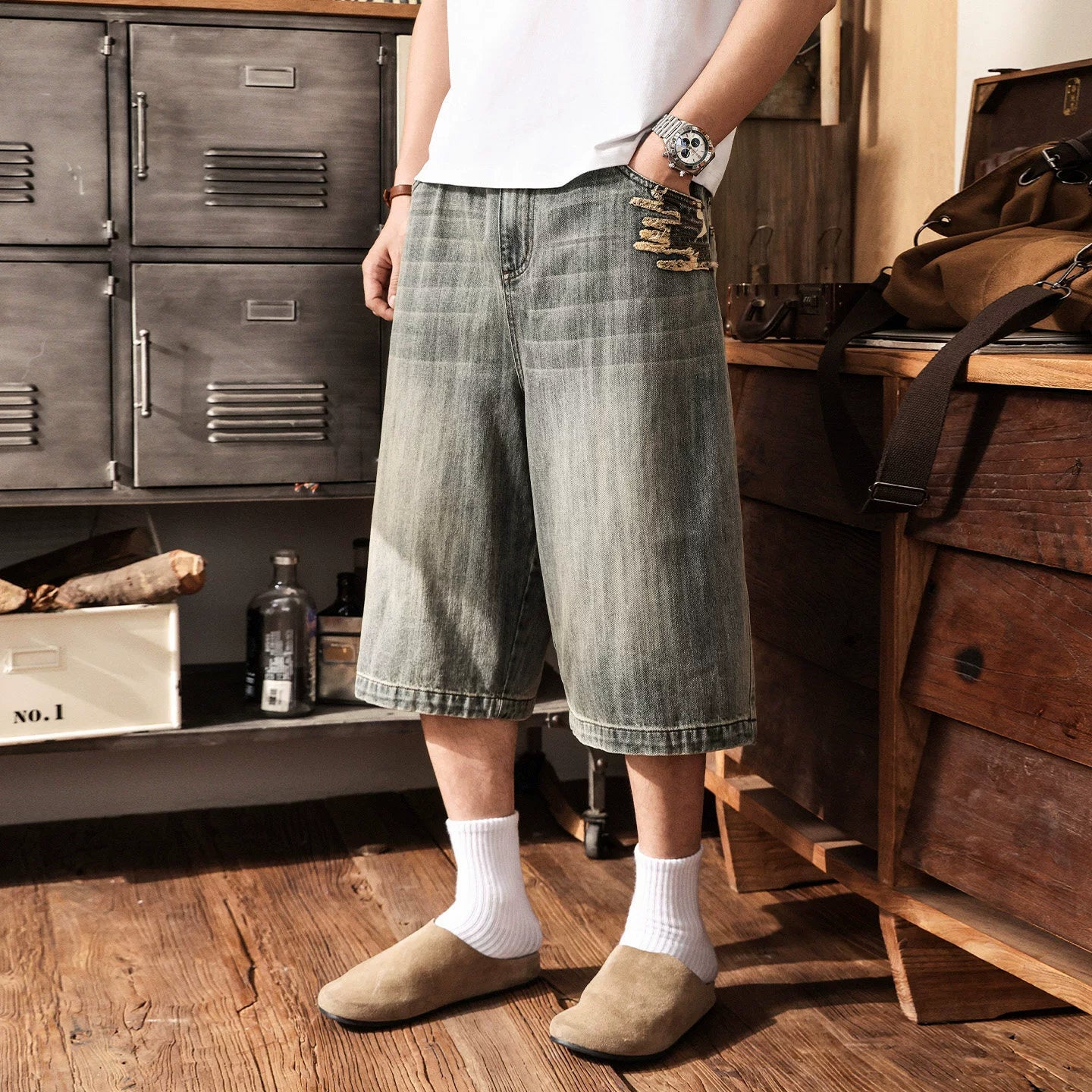Distressed Black Wash Denim Culotte - Below Knee Baggy Jorts
