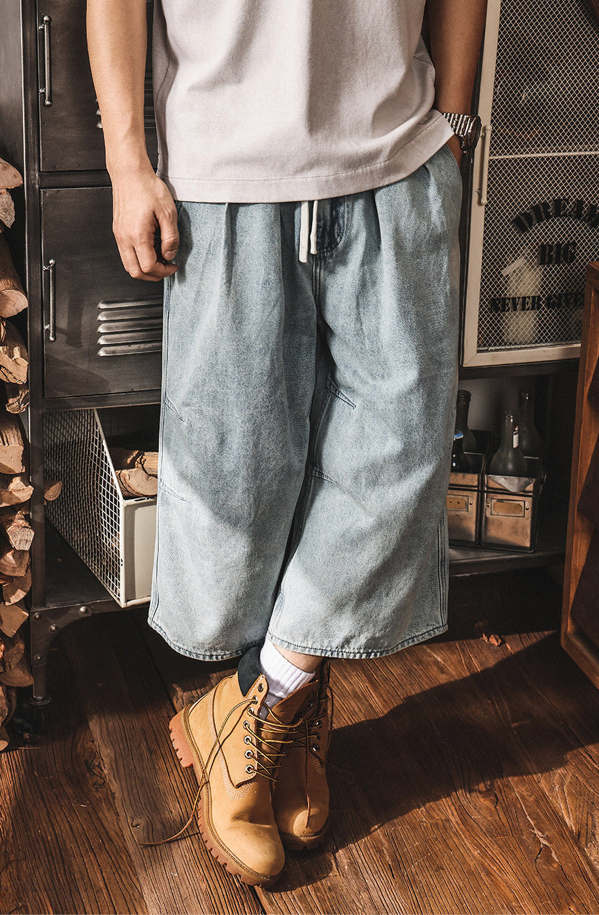 Vintage Wash Relaxed Drawstring Pleated Below Knee Jorts - The Slouchy Baggy Denim Culotte