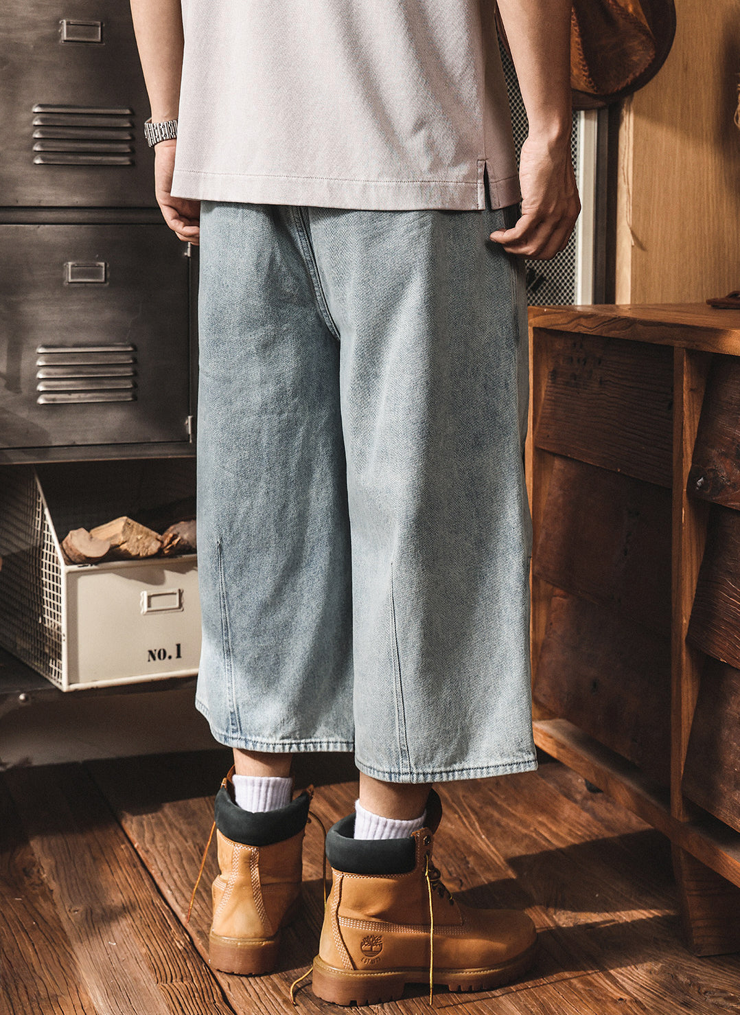 Vintage Wash Relaxed Drawstring Pleated Below Knee Jorts - The Slouchy Baggy Denim Culotte