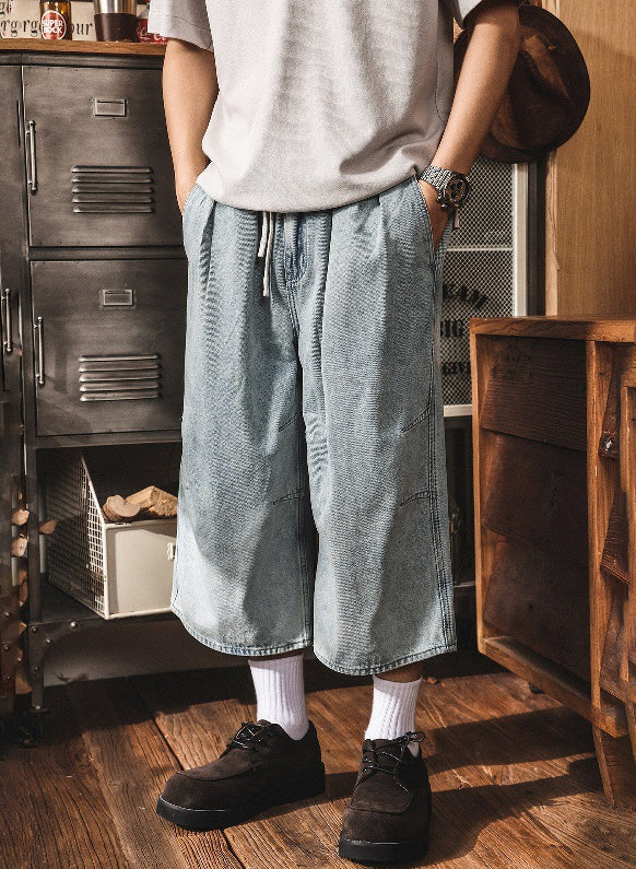 Vintage Wash Relaxed Drawstring Pleated Below Knee Jorts - The Slouchy Baggy Denim Culotte