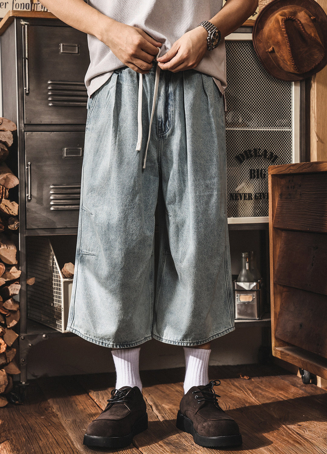Vintage Wash Relaxed Drawstring Pleated Below Knee Jorts - The Slouchy Baggy Denim Culotte