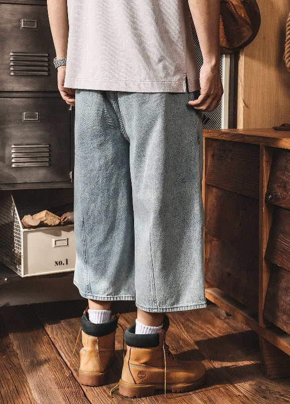 Vintage Wash Relaxed Drawstring Pleated Below Knee Jorts - The Slouchy Baggy Denim Culotte