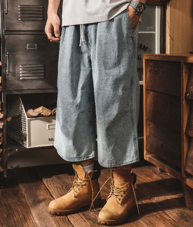 Vintage Wash Relaxed Drawstring Pleated Below Knee Jorts - The Slouchy Baggy Denim Culotte