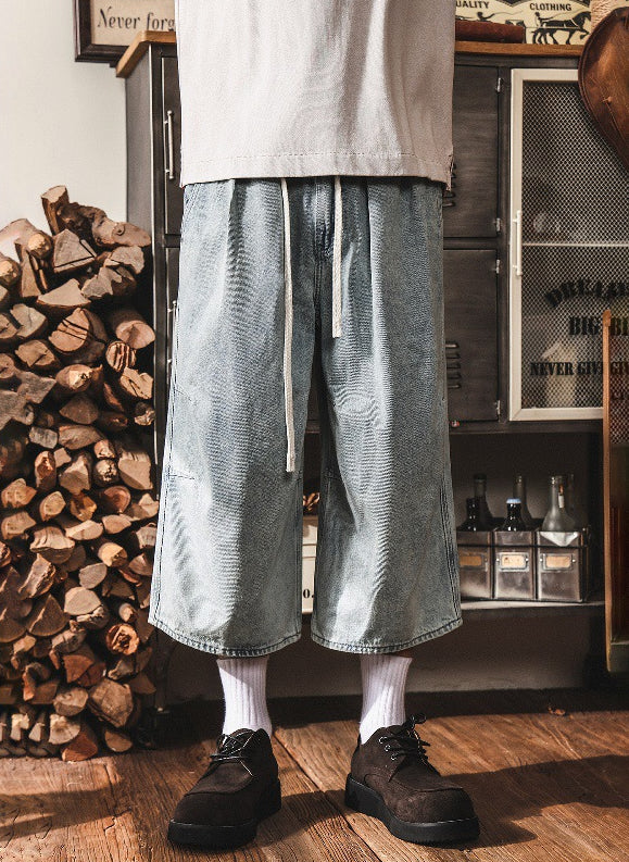 Vintage Wash Relaxed Drawstring Pleated Below Knee Jorts - The Slouchy Baggy Denim Culotte
