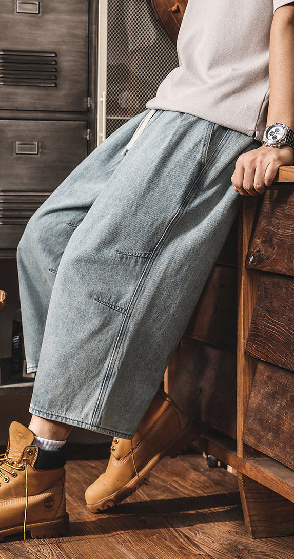 Vintage Wash Relaxed Drawstring Pleated Below Knee Jorts - The Slouchy Baggy Denim Culotte