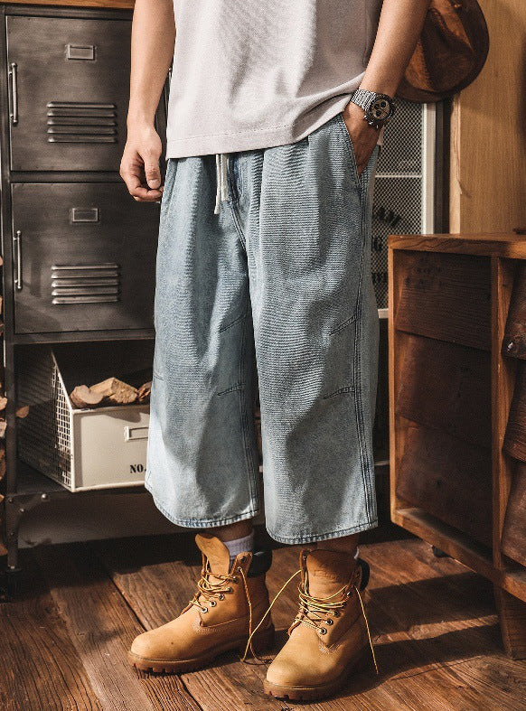 Vintage Wash Relaxed Drawstring Pleated Below Knee Jorts - The Slouchy Baggy Denim Culotte