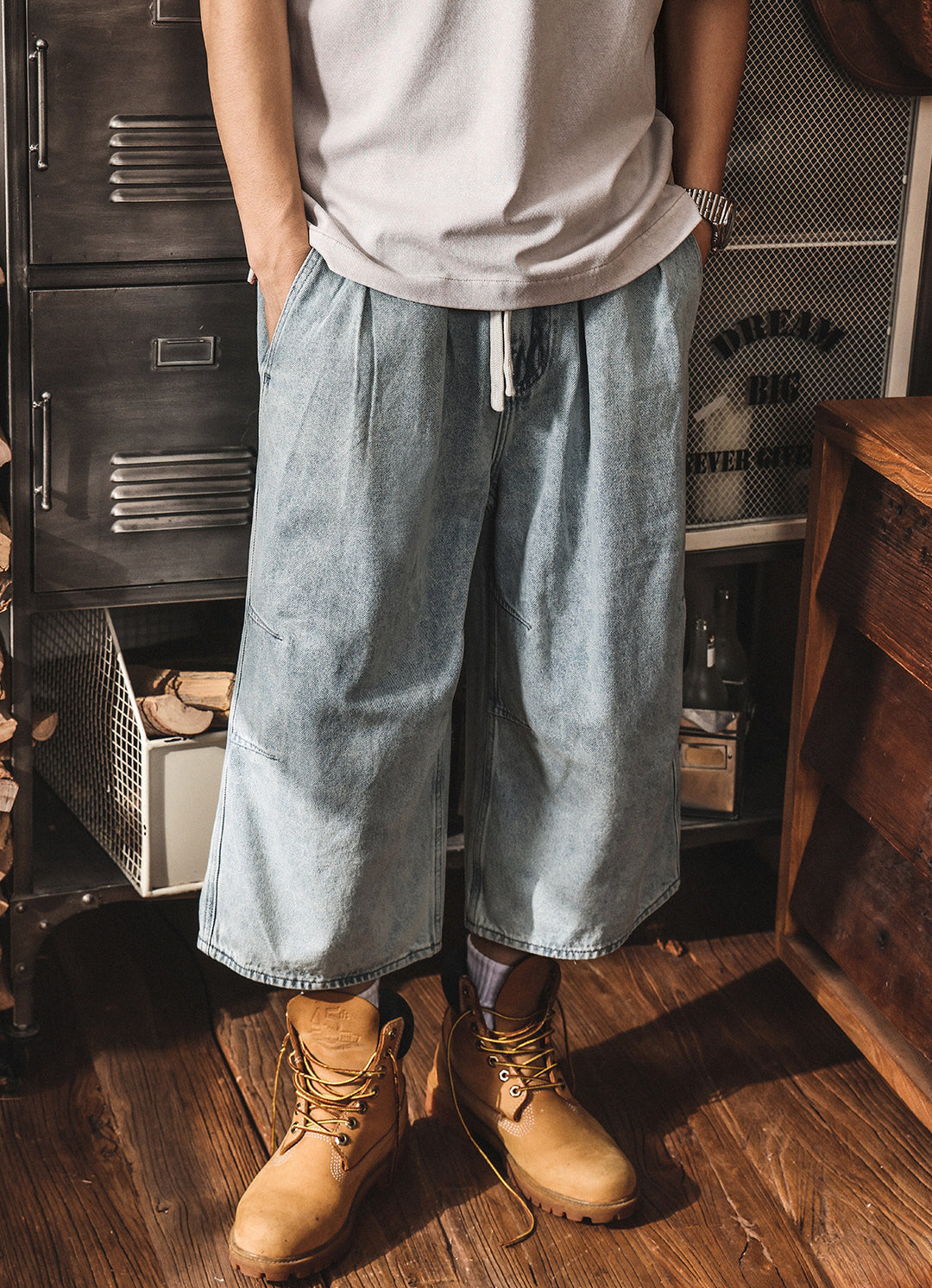 Vintage Wash Relaxed Drawstring Pleated Below Knee Jorts - The Slouchy Baggy Denim Culotte