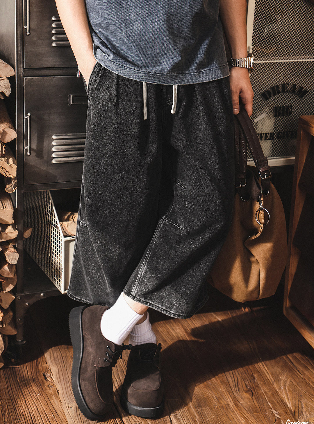 Vintage Wash Relaxed Drawstring Pleated Below Knee Jorts - The Slouchy Baggy Denim Culotte