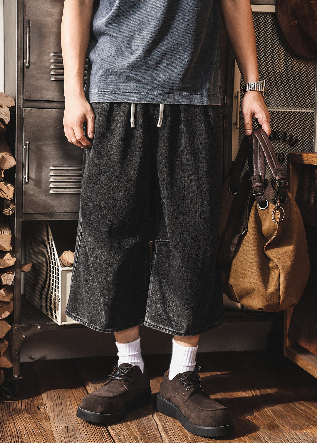 Vintage Wash Relaxed Drawstring Pleated Below Knee Jorts - The Slouchy Baggy Denim Culotte